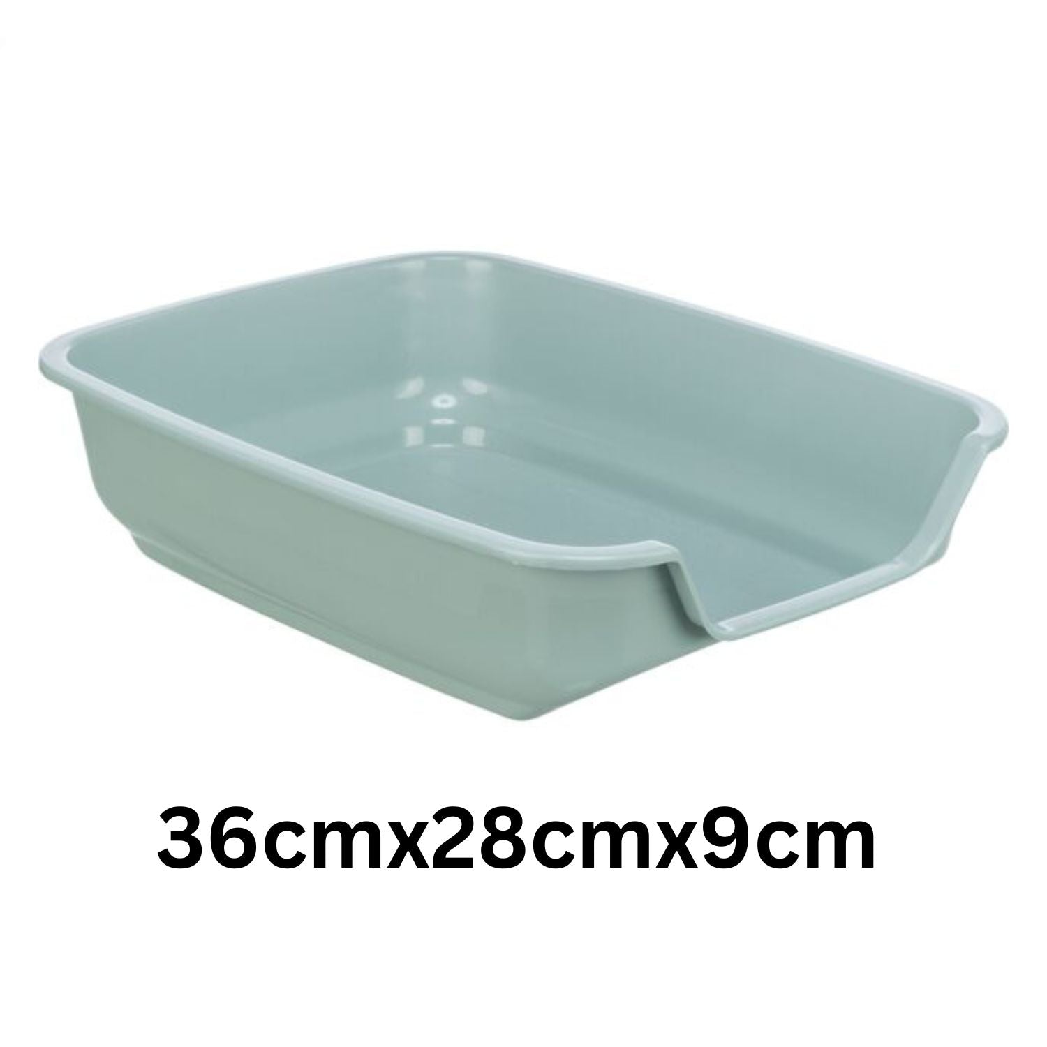 Rectangular plastic litter tray with dimensions 36cm x 28cm x 9cm on a white background