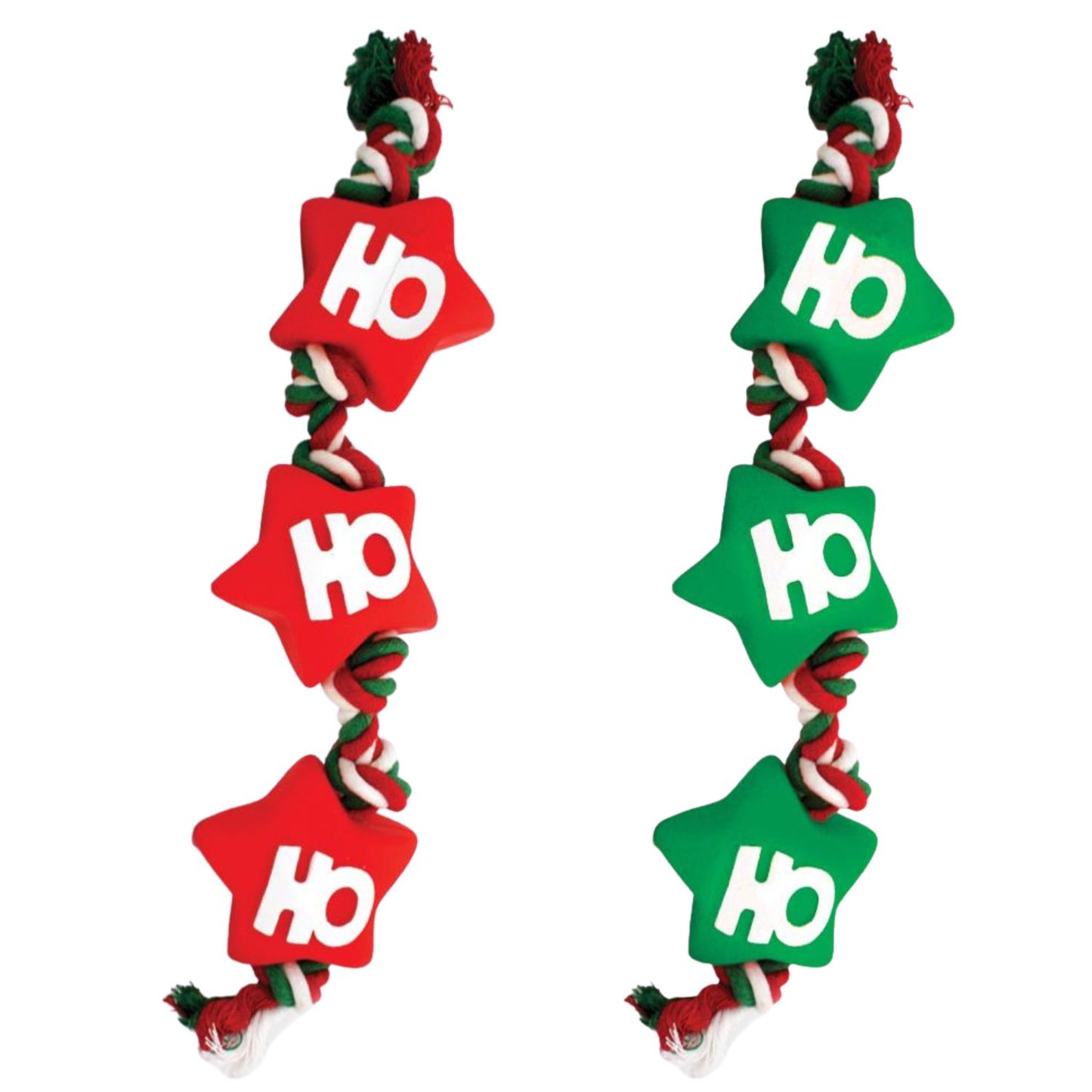 Festive Vinyl Rope Tugger Dog Toy – Squeaker-Free Christmas Tug Toy with “Ho Ho Ho” Stars | Holly & Robin