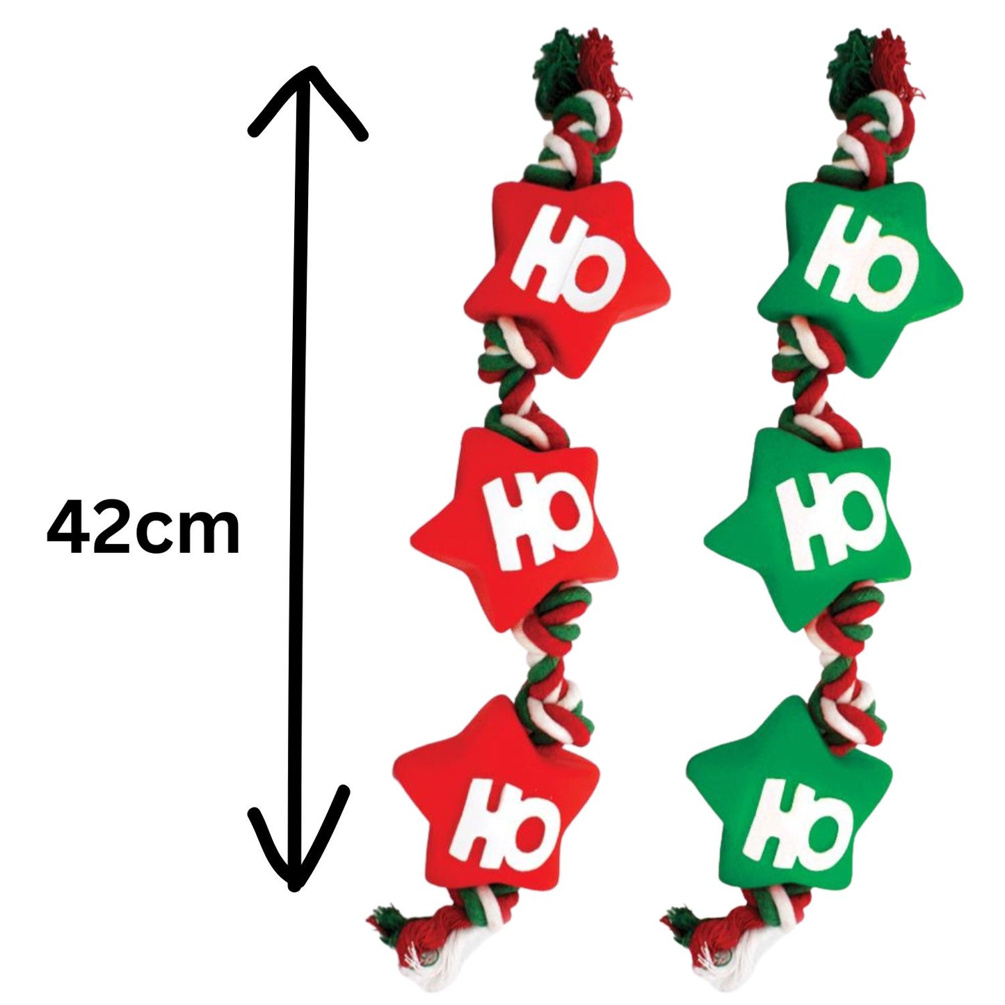 Festive Vinyl Rope Tugger Dog Toy – Squeaker-Free Christmas Tug Toy with “Ho Ho Ho” Stars | Holly & Robin