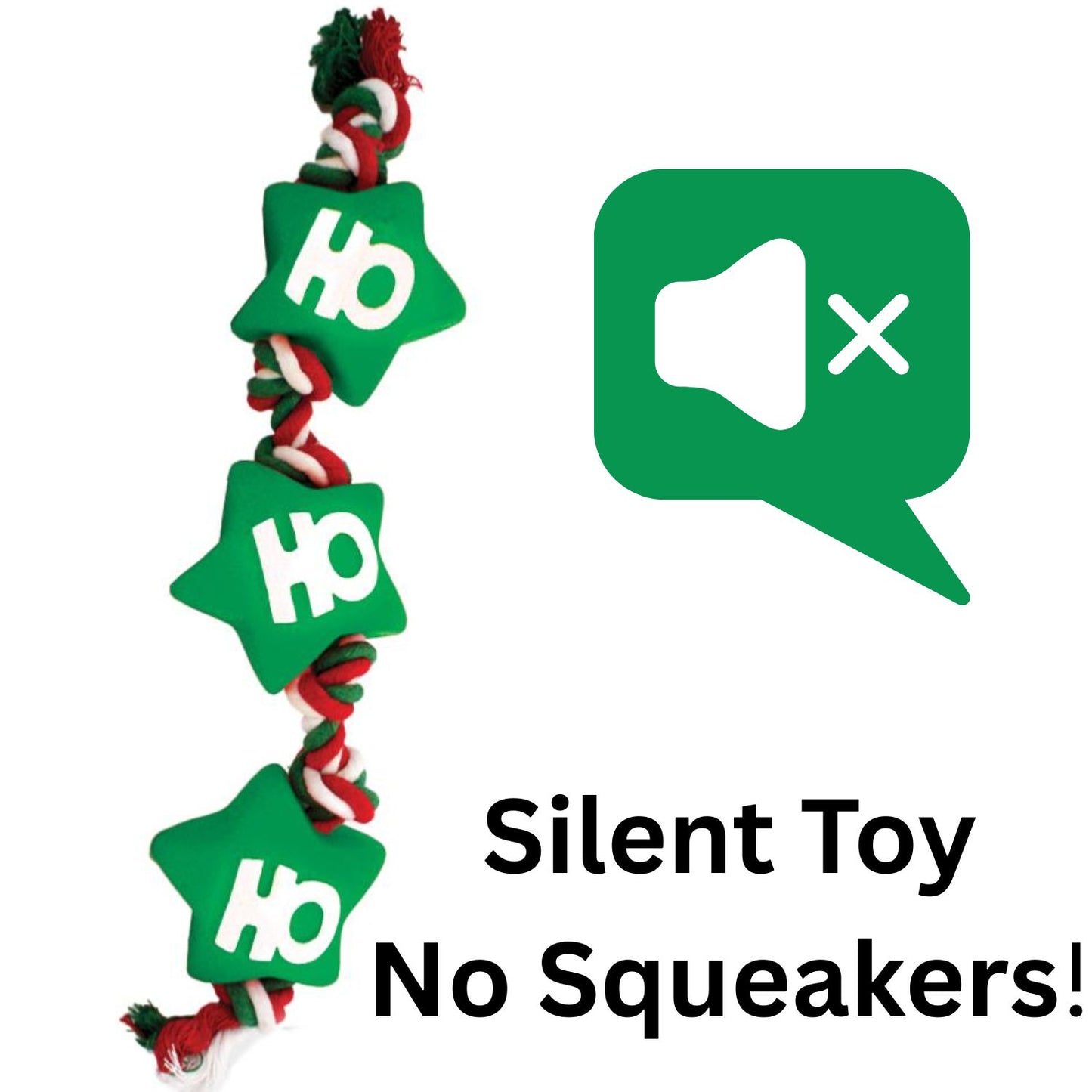 Festive Vinyl Rope Tugger Dog Toy – Squeaker-Free Christmas Tug Toy with “Ho Ho Ho” Stars | Holly & Robin