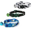 Three cat collars with colorful patterns and metal clasps on a white background