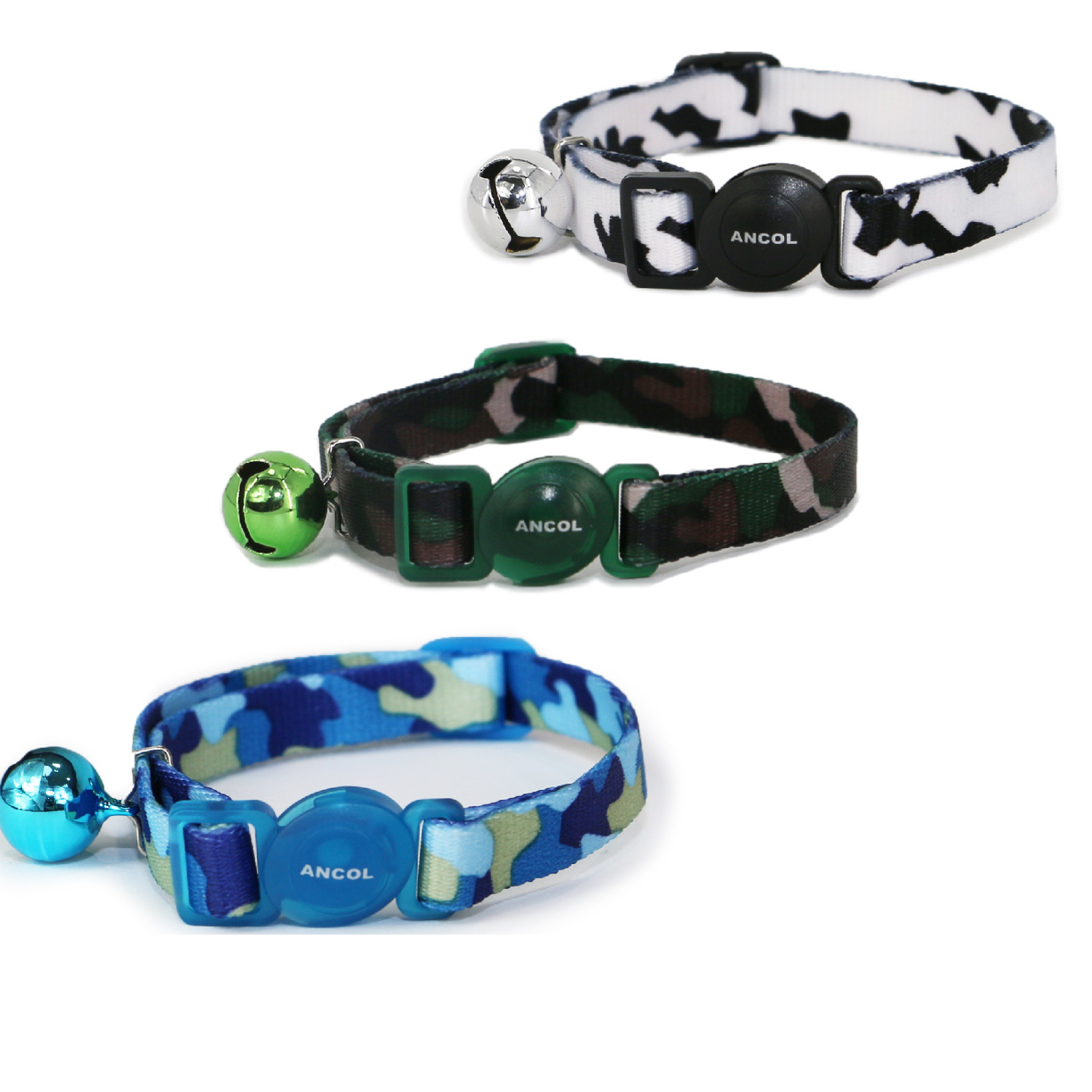 Three cat collars with colorful patterns and metal clasps on a white background