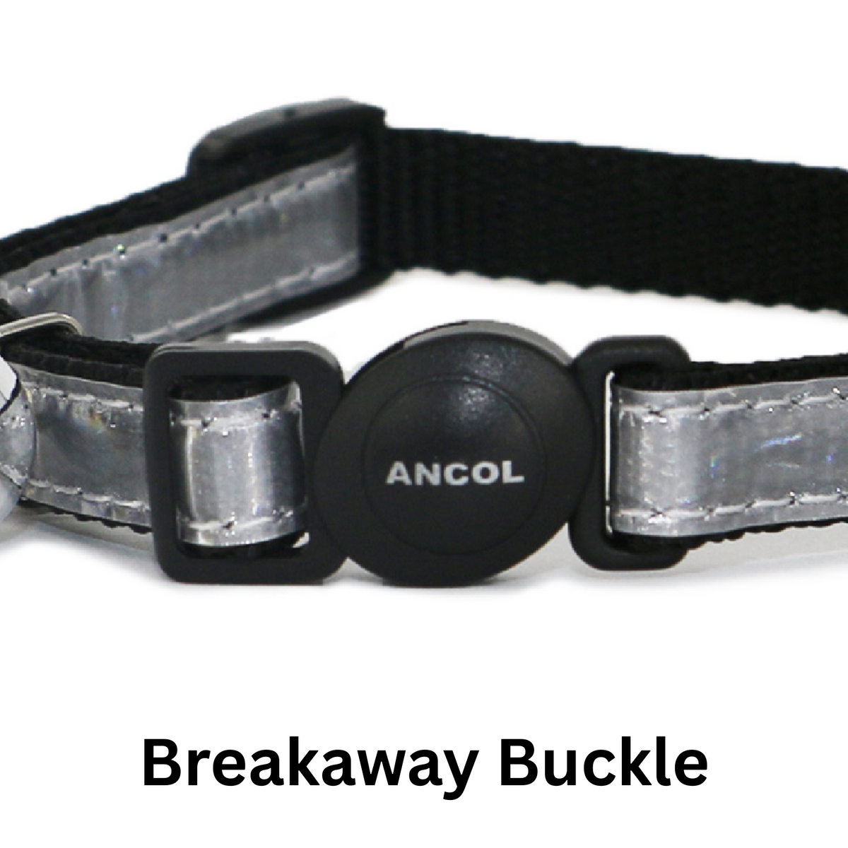 Cat collar with reflectivesurface and a breakaway buckle on a white background