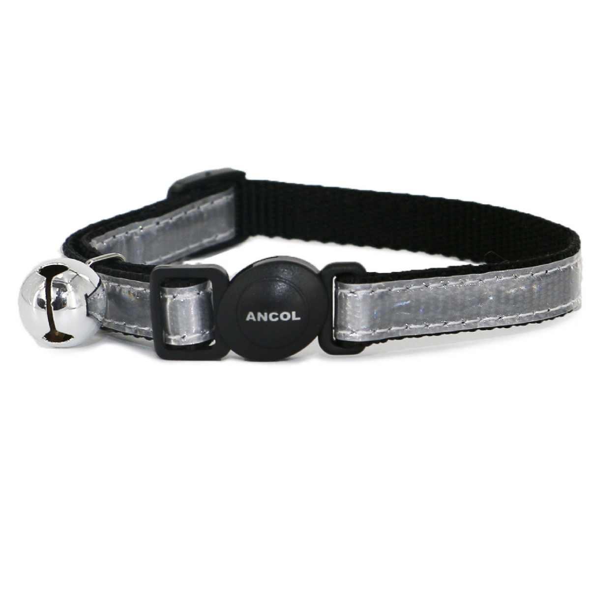 Cat collar with reflective strip and bell on a white background