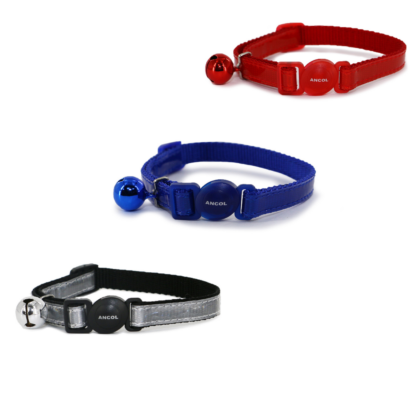 Three cat collars in red, blue, and gray with reflective glossy colours and a bell