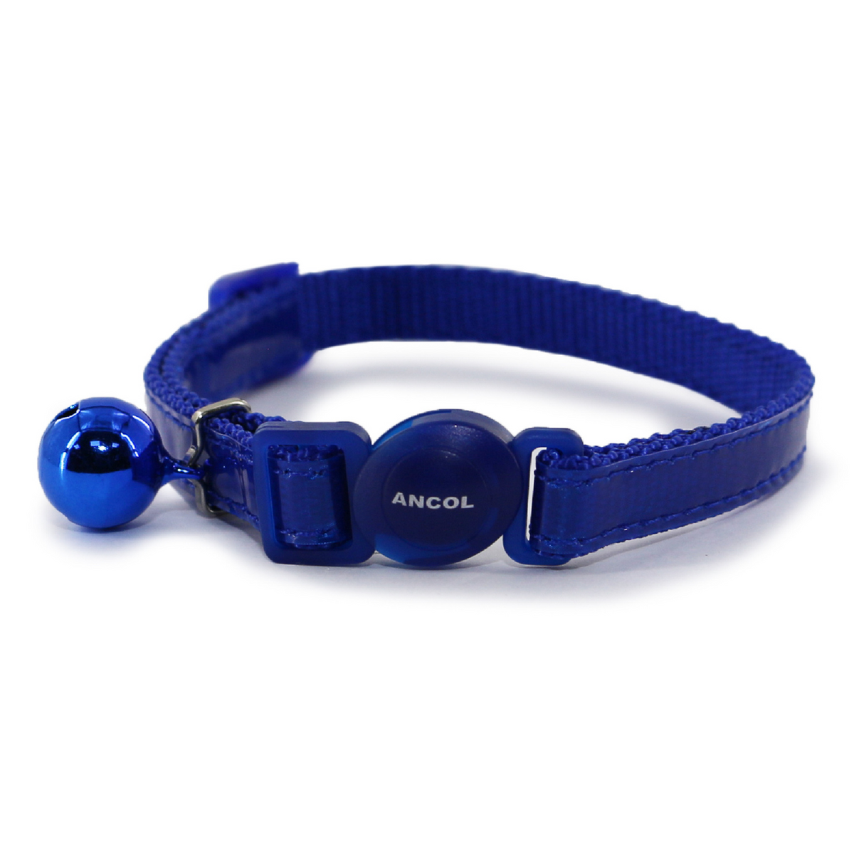 Blue cat collar with bell and Ancol branding on a white background