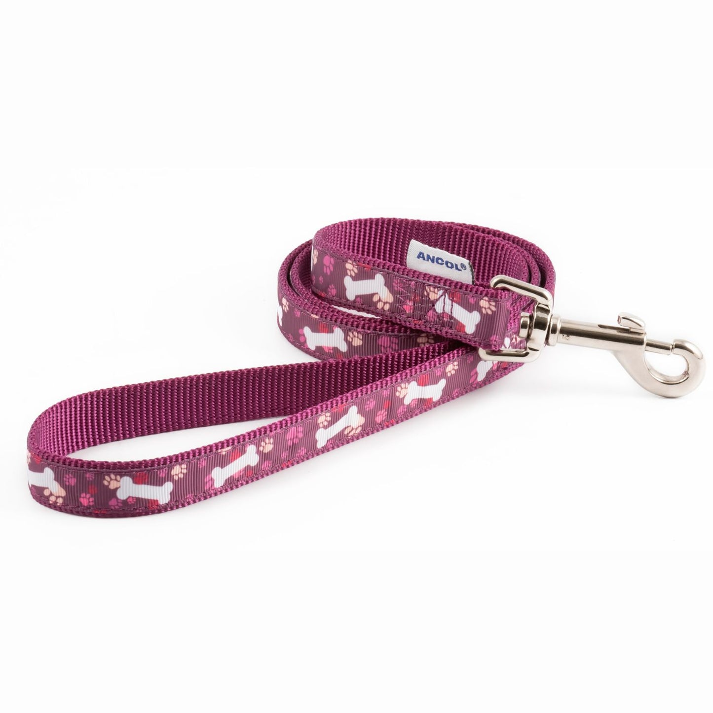 Ancol | Nylon Dog Clip Lead | Reflective Bone Pattern - Purple