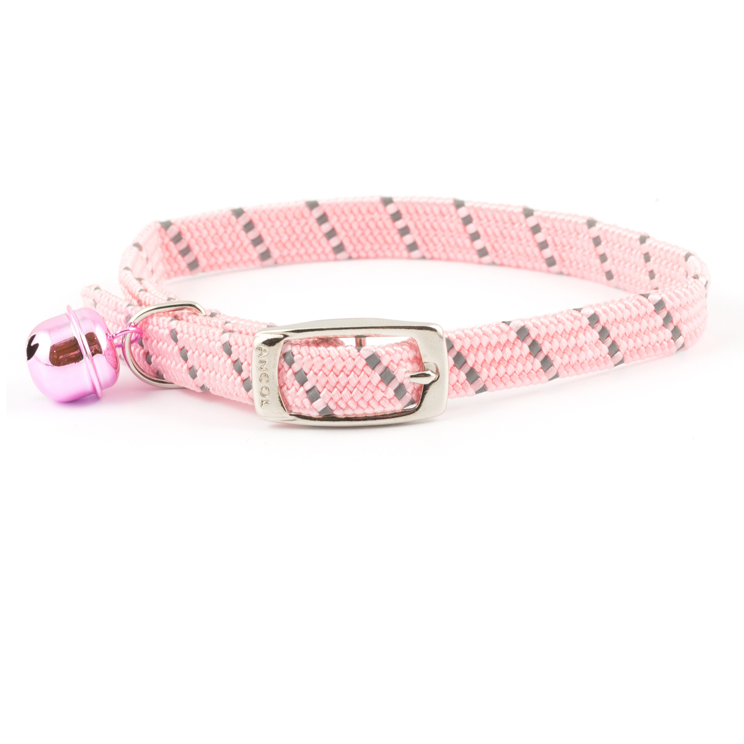 Pink and gray striped cat collar with a bell on a white background
