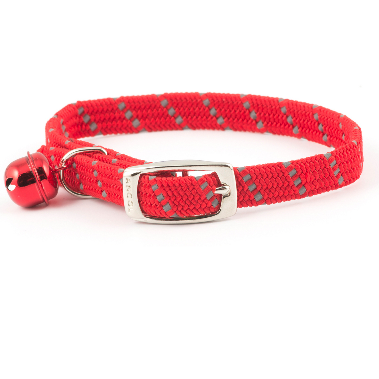 Red cat collar with a bell and metal clasp on a white background