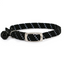 Black and white patterned cat collar with a metal buckle on a white background