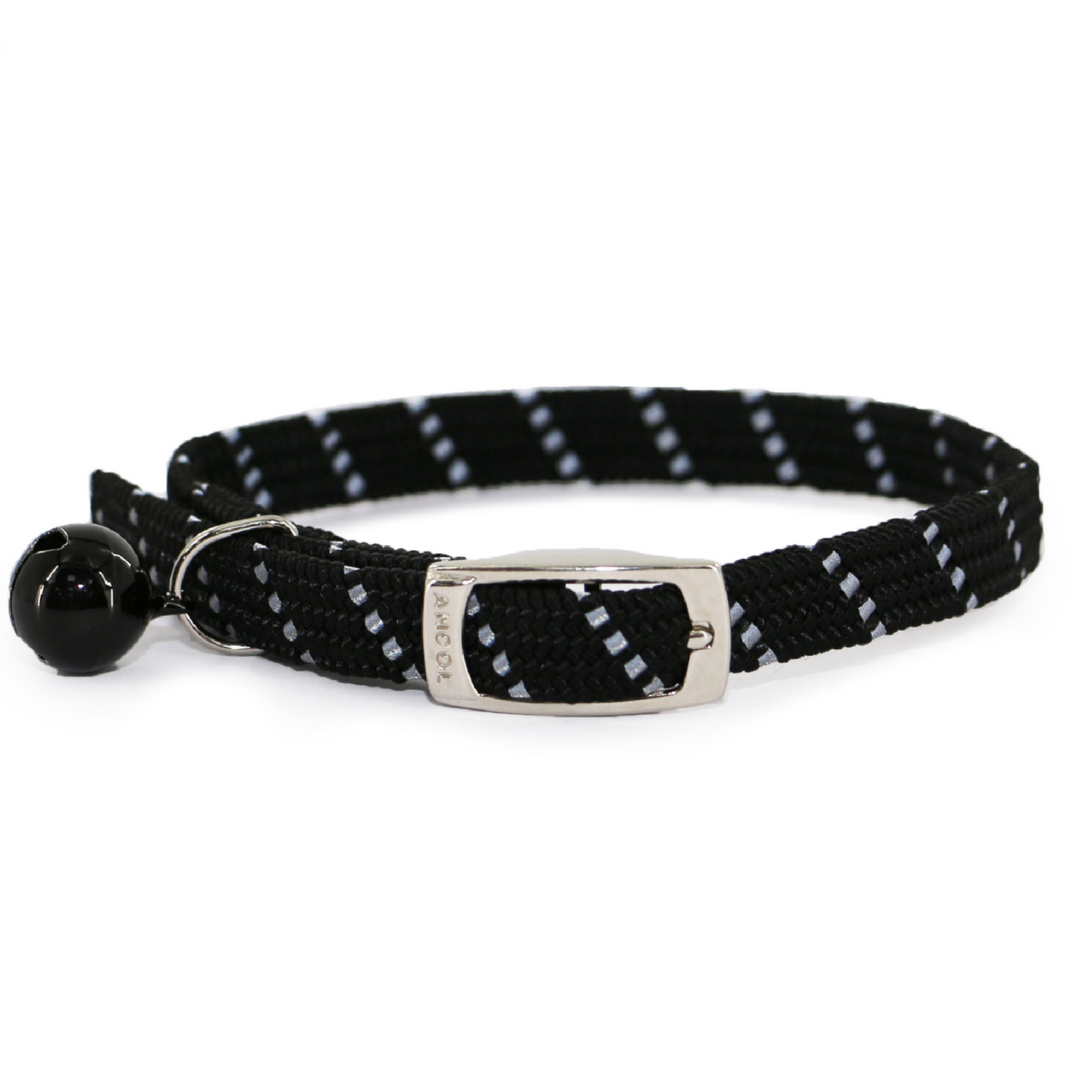 Black and white patterned cat collar with a metal buckle on a white background
