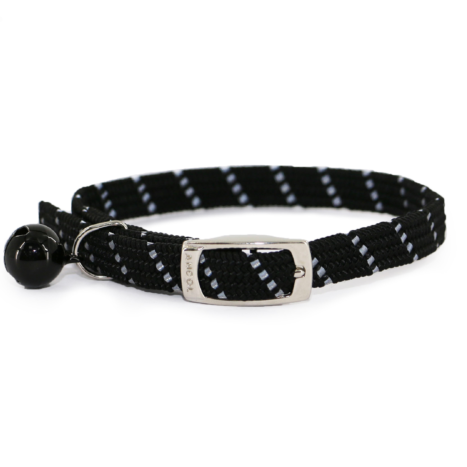Black and white patterned cat collar with a metal buckle on a white background