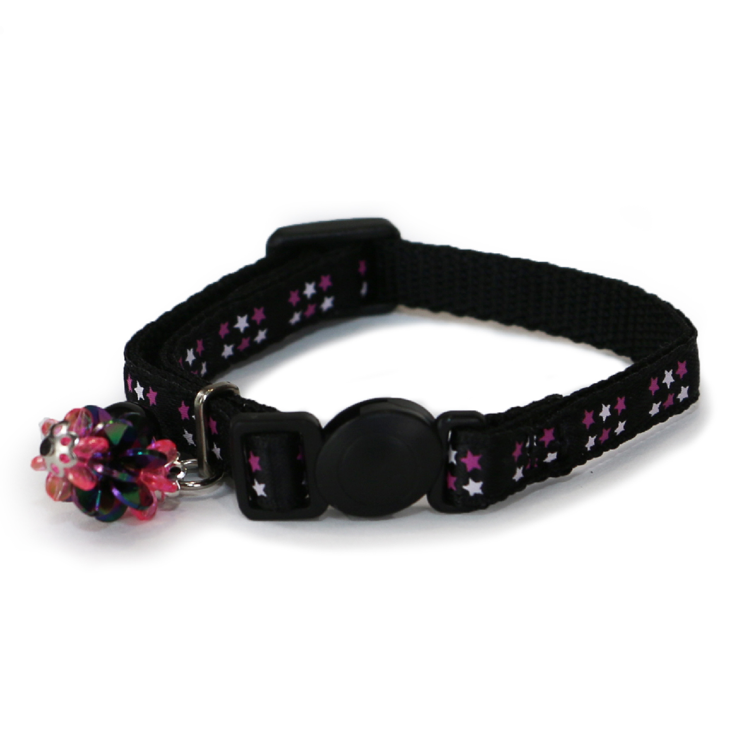 Black cat collar with colorful bead on a white background