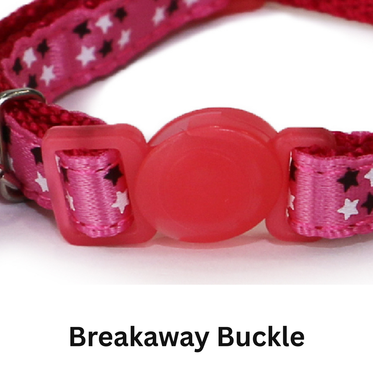 Pink cat collar with star pattern and breakaway buckle on a white background