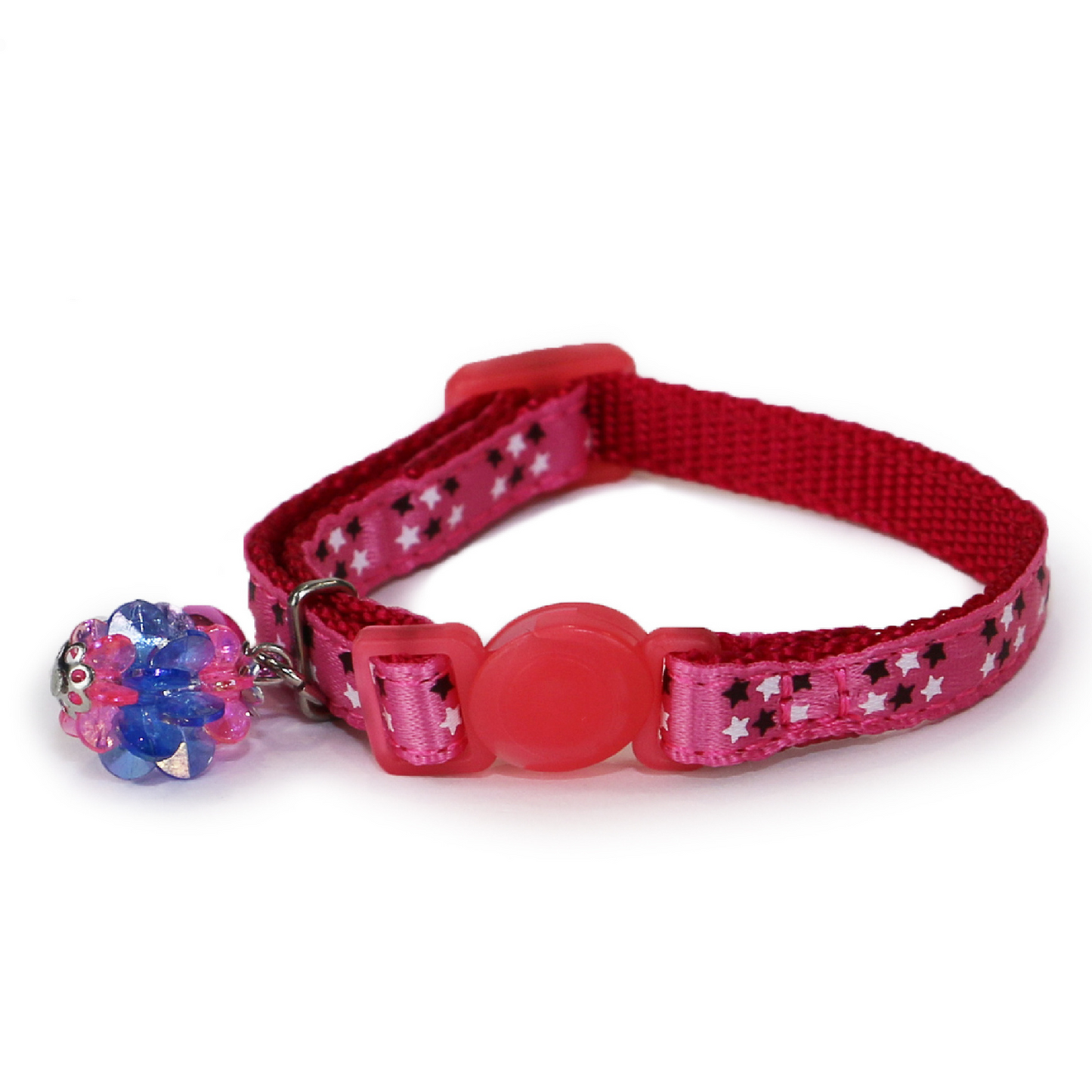 Pink cat collar with star pattern and colorful bead on a white background