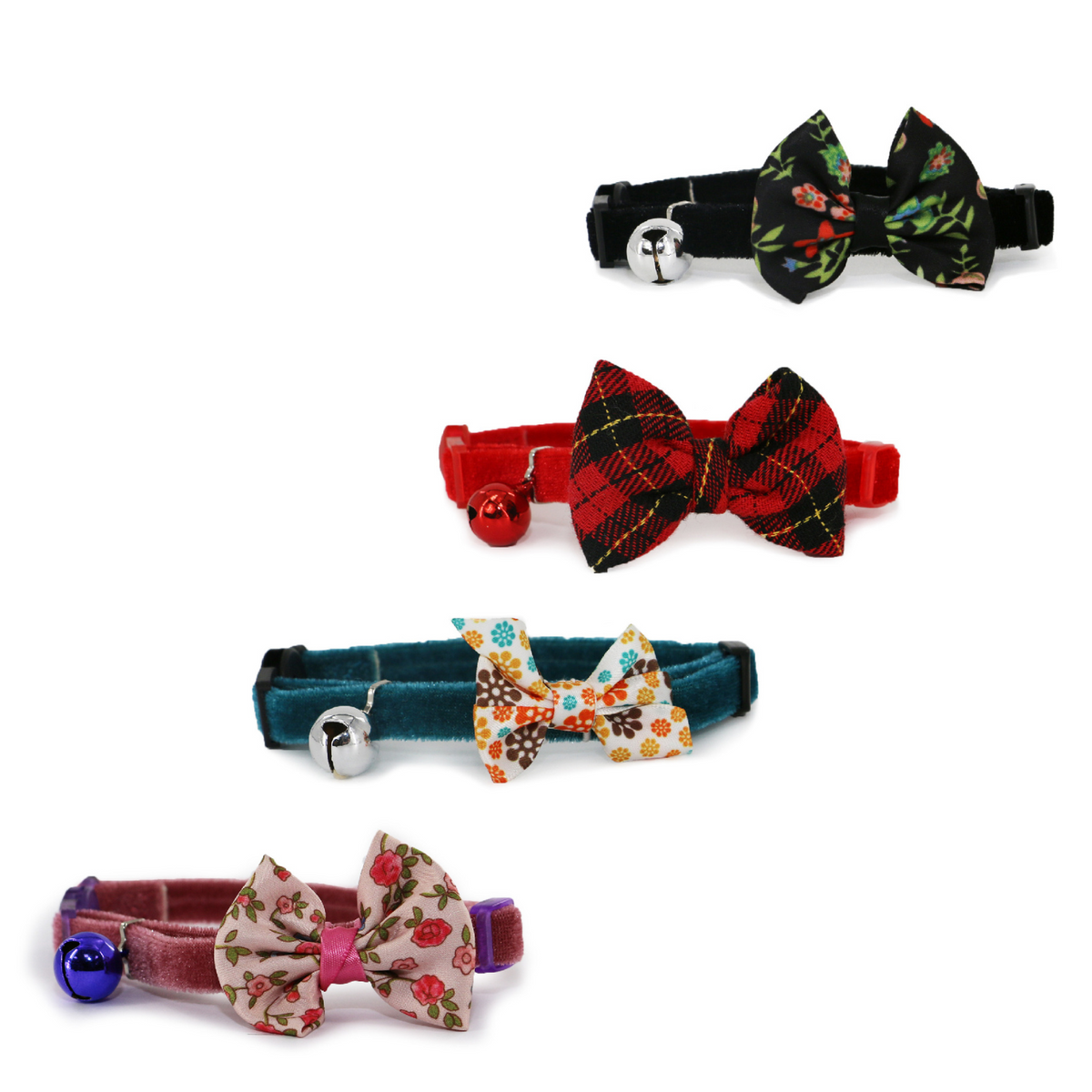 Set of colorful pet collars with floral and plaid bow ties on a white background