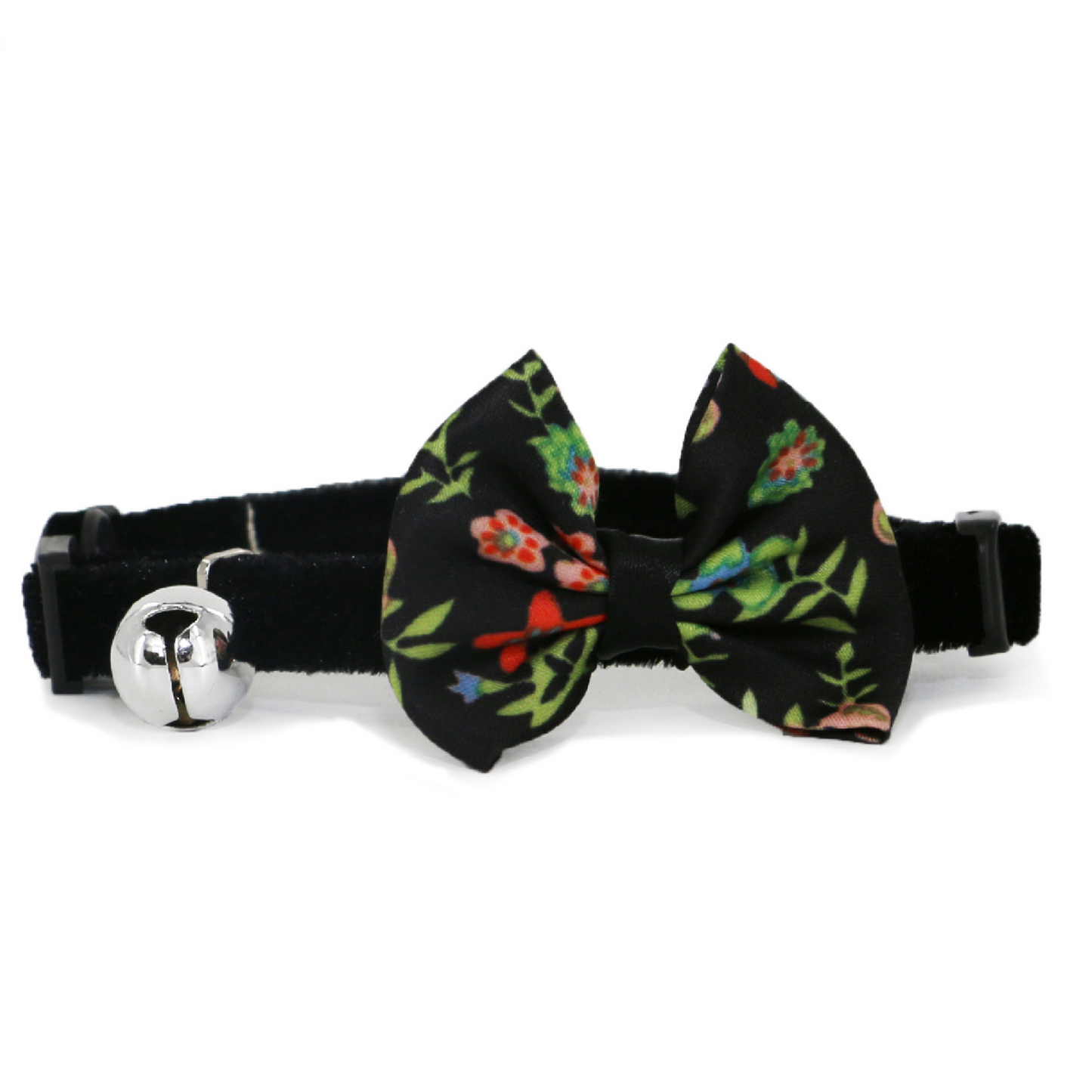 Cat collar with floral bow tie and bell on a white background