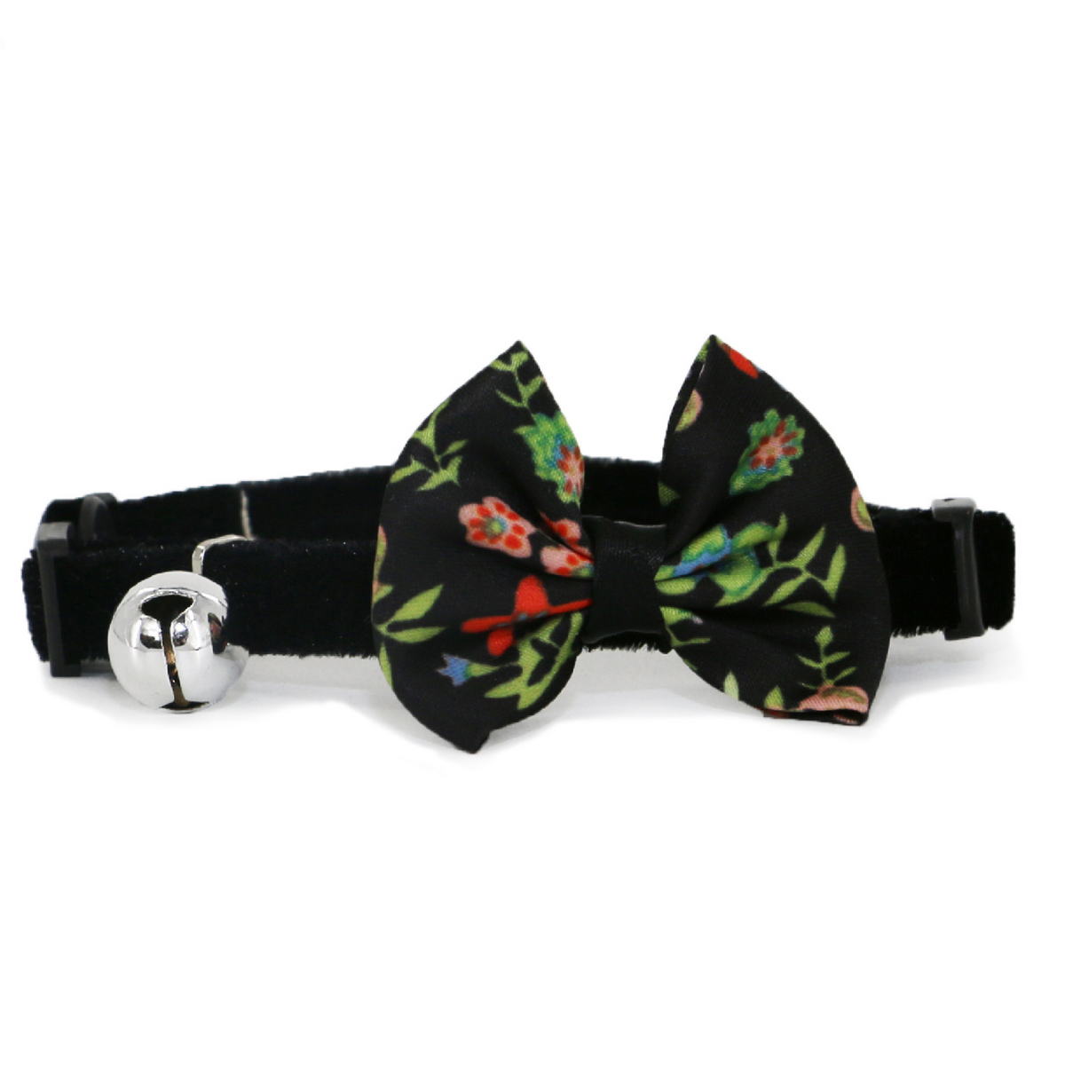 Cat collar with floral bow tie and bell on a white background