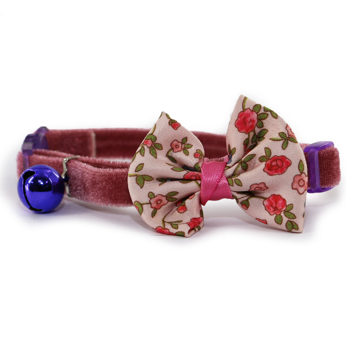 Cat collar with floral bow and bell on a white background