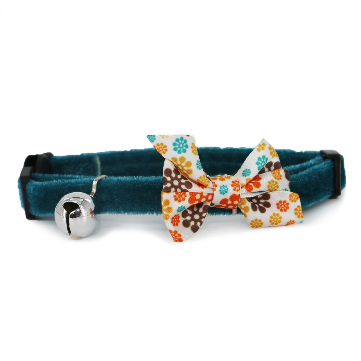 Teal cat collar with a floral bow tie and bell on a white background