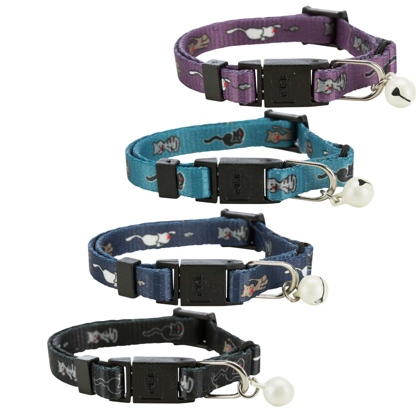 Four cat collars in different colors with bell charms on a white background
