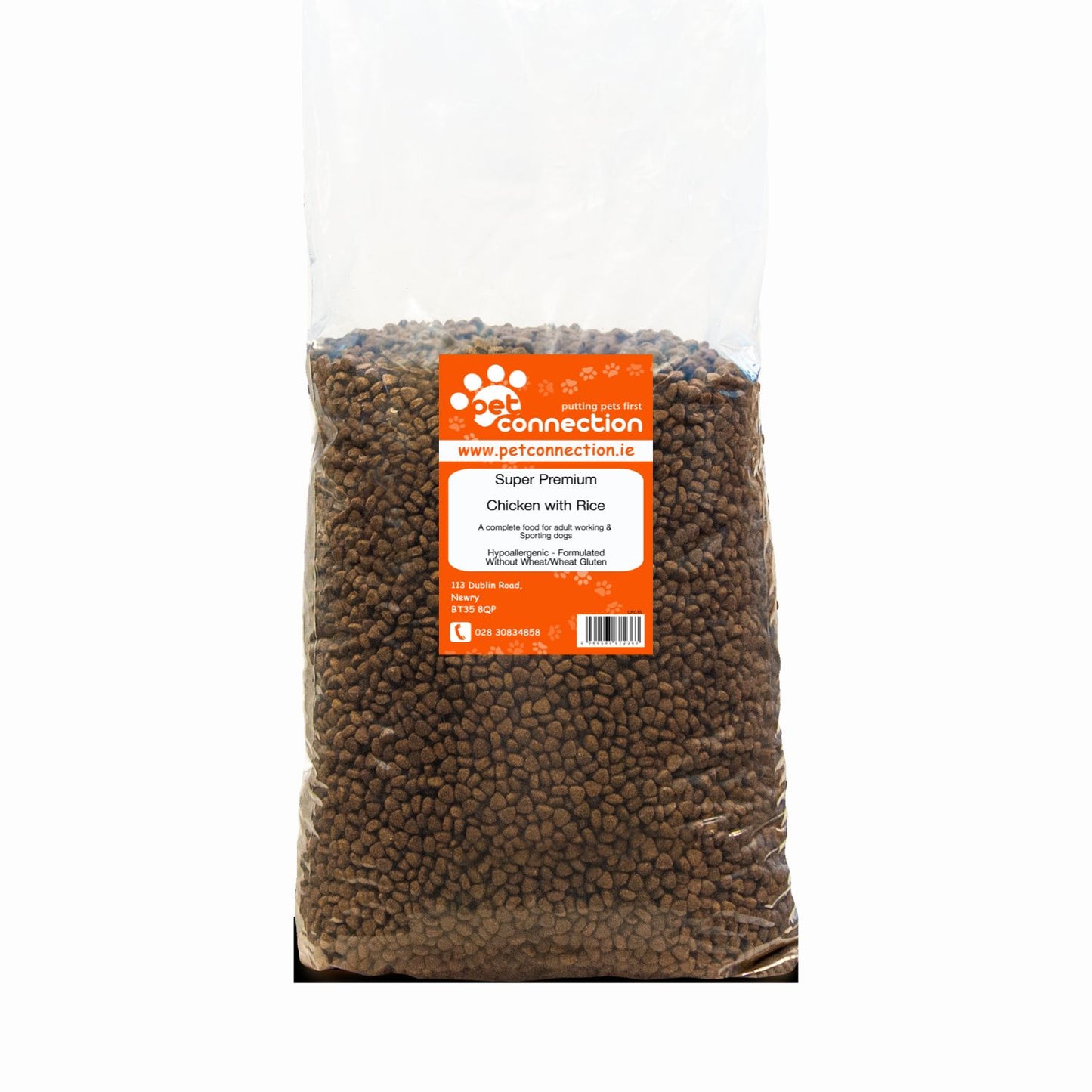 Bag of dog food with a label on a white background