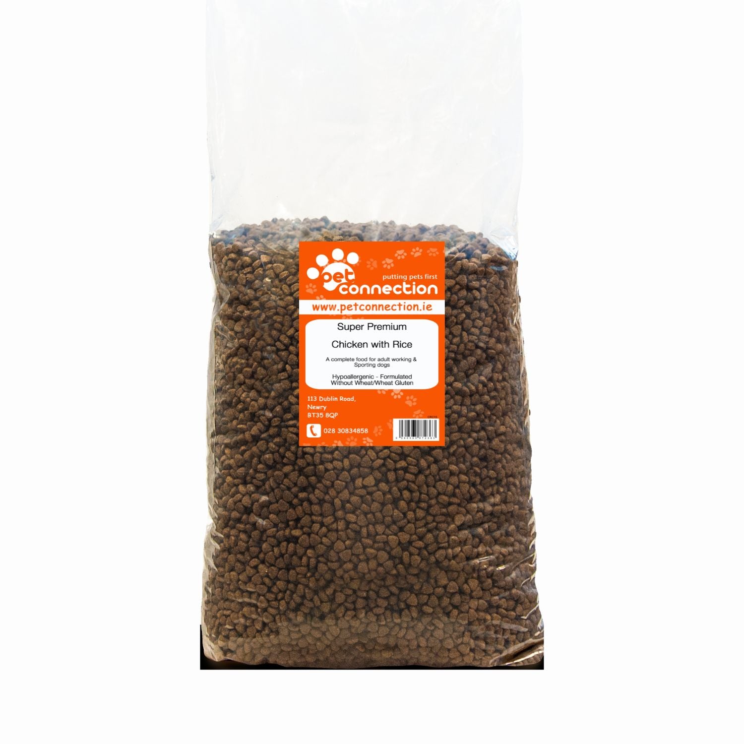 Bag of dog food with a label on a white background