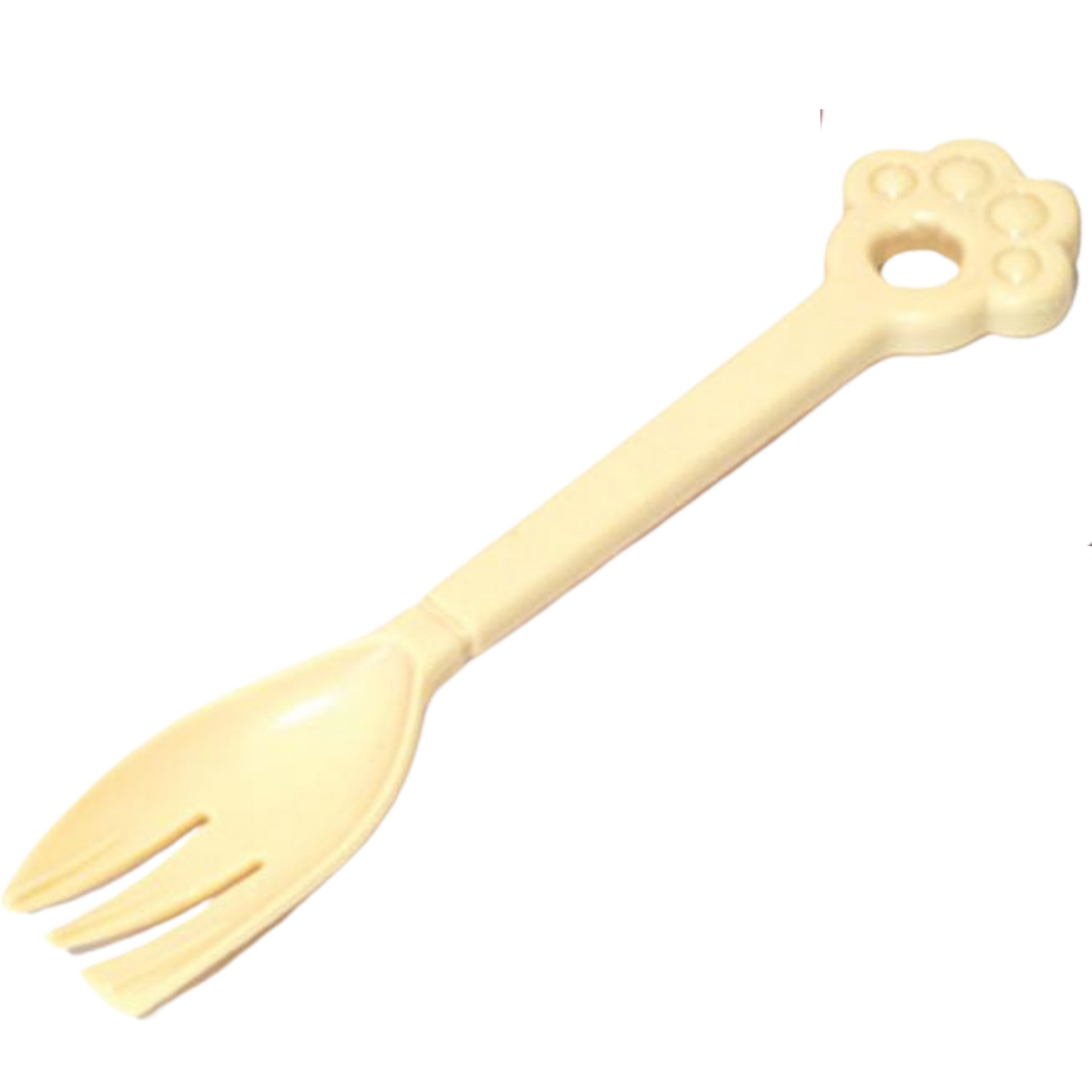 Yellow plastic fork with paw-shaped handle on a white background