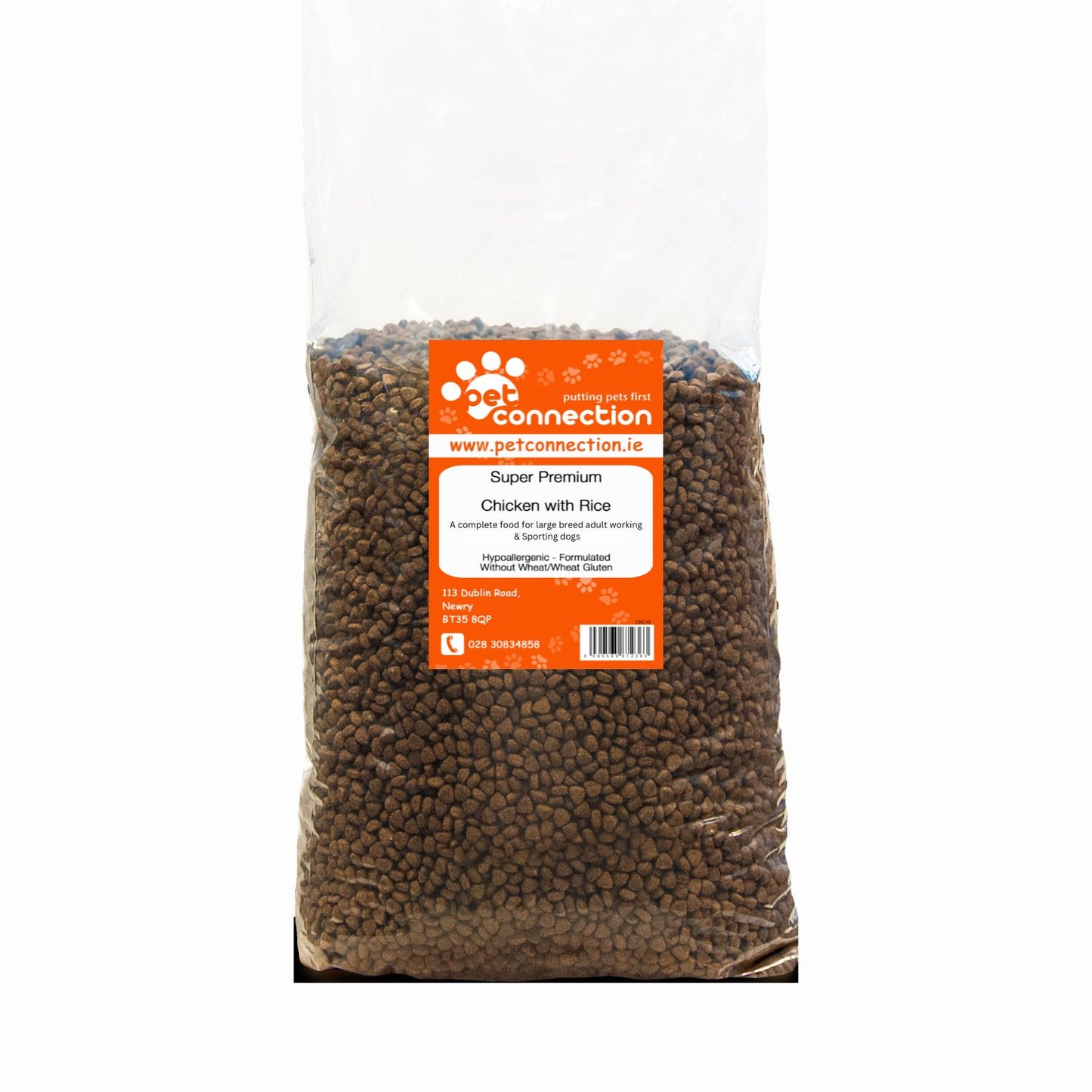 Bag of dog food with a clear lid and orange label on a white background