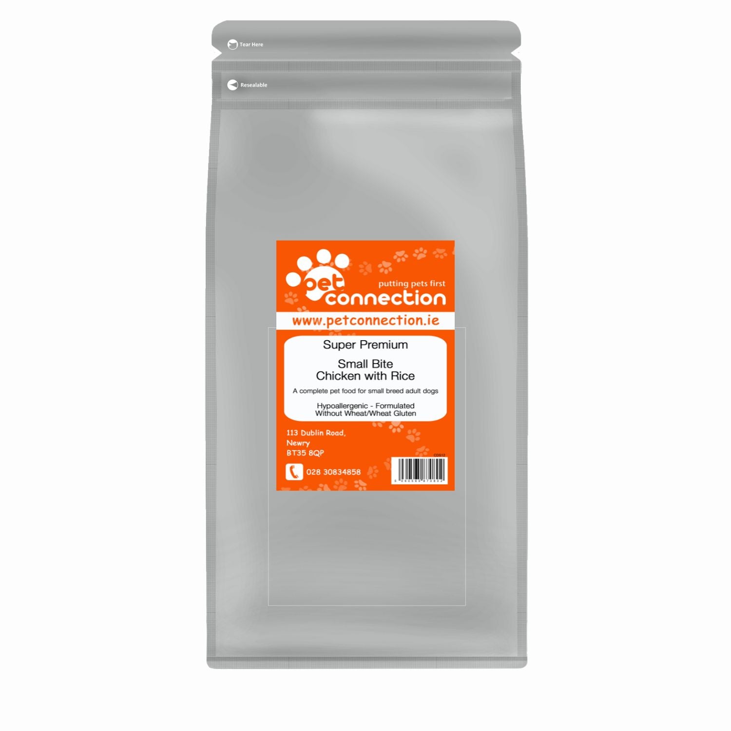 Dog food package with orange label on a white background