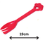 Red plastic fork and spoon set with measurement label on a white background