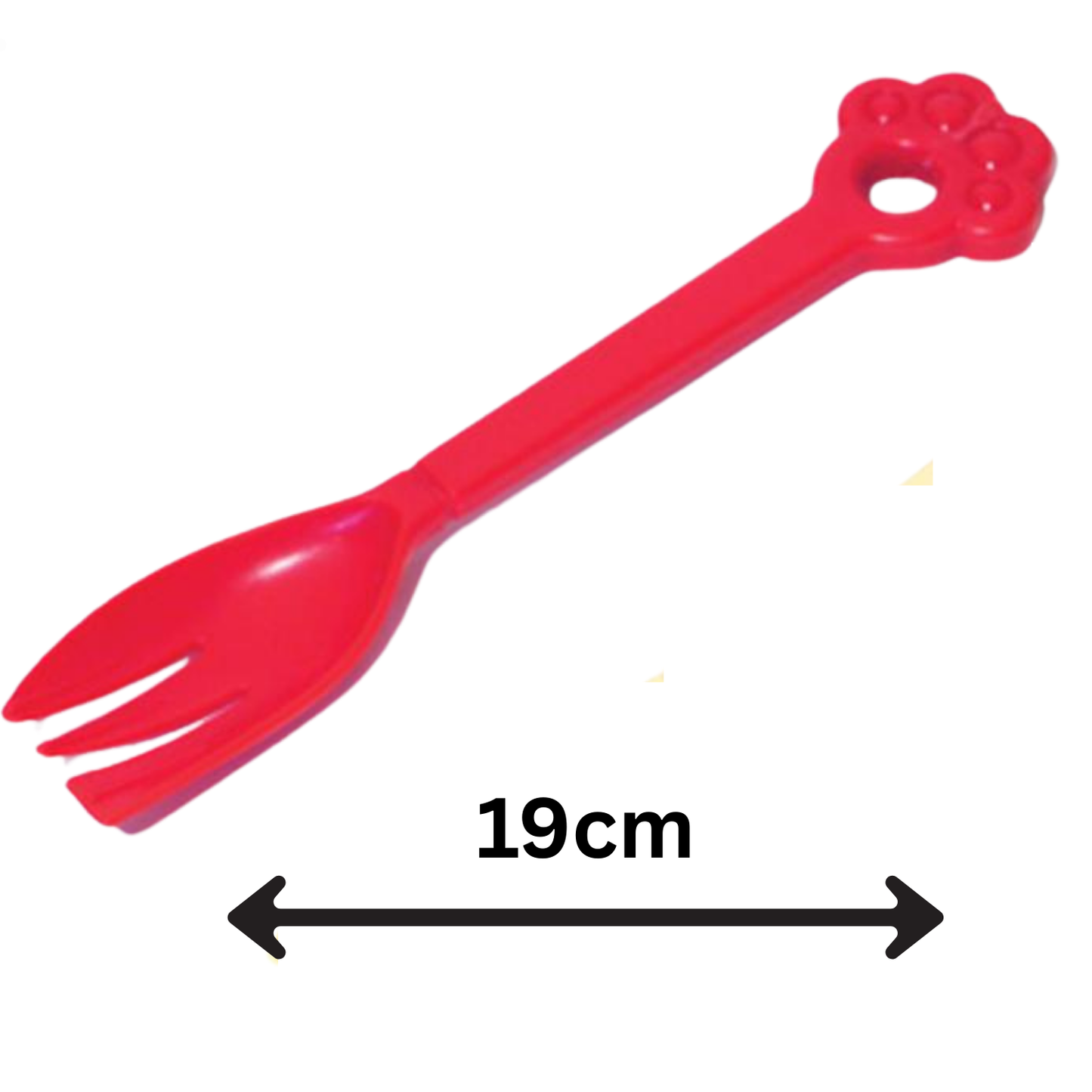 Red plastic fork and spoon set with measurement label on a white background
