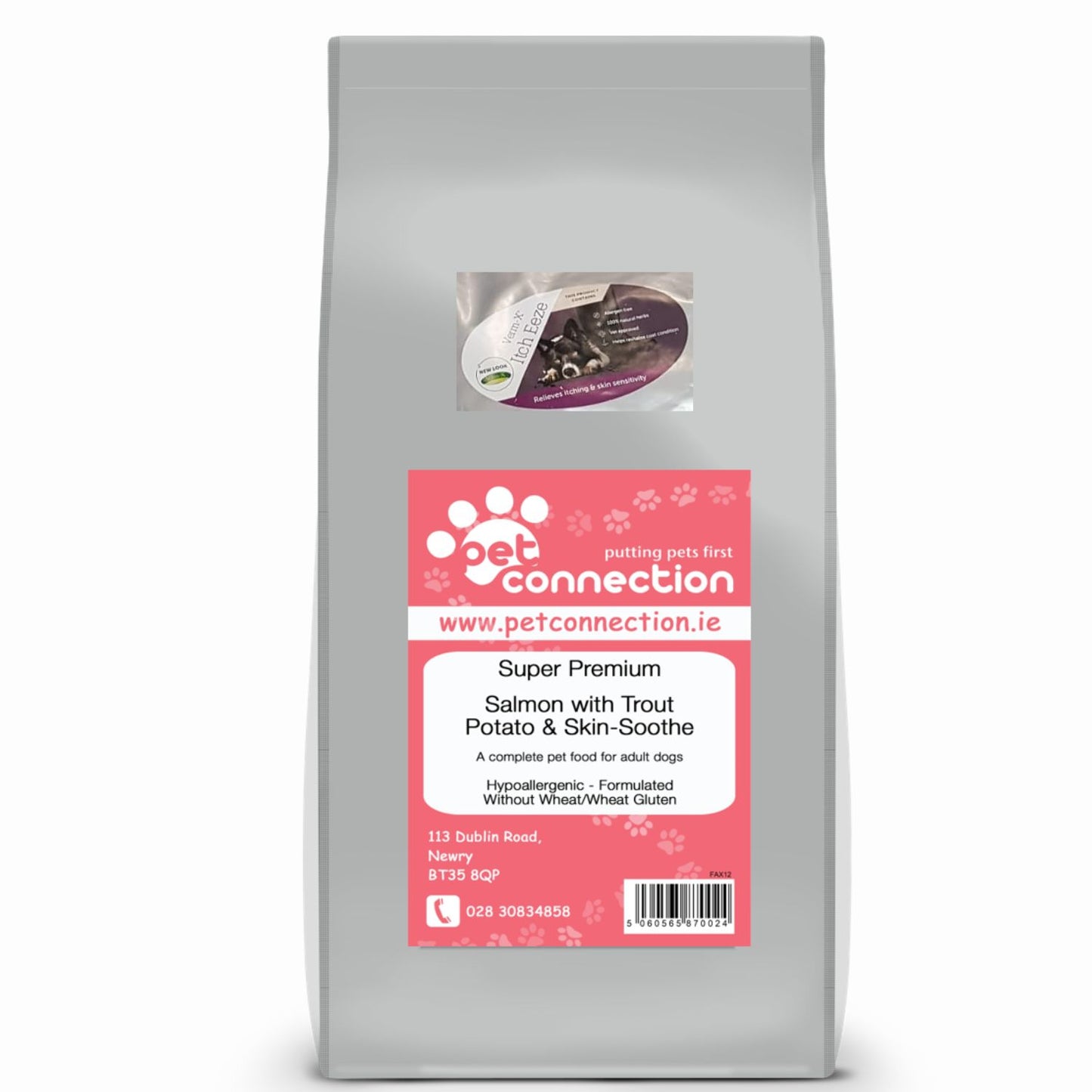 Dog food package with pink label on a white background