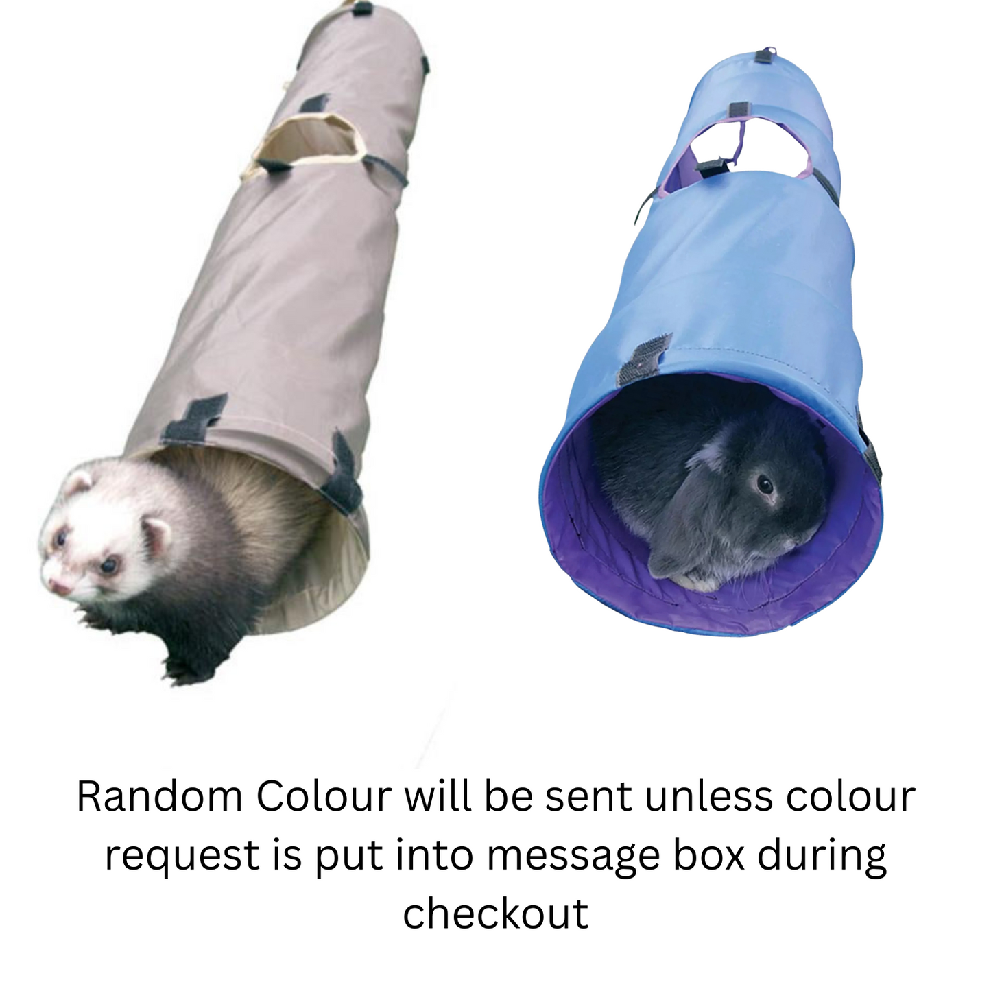 Two small animals, likely ferrets or rabbits, inside tunnels with text about color selection.