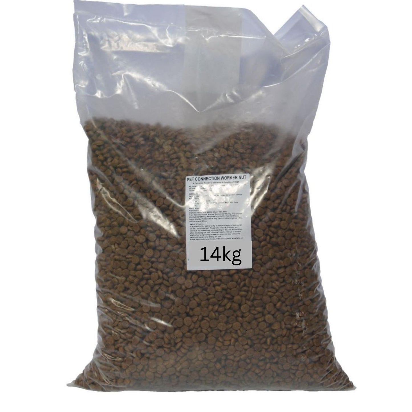 Bag of pet food with a label on a white background