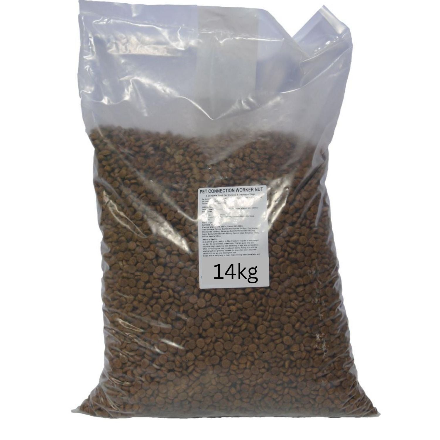 Bag of pet food with a label on a white background