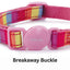 Pink cat collar with colorful pattern and breakaway buckle on a white background