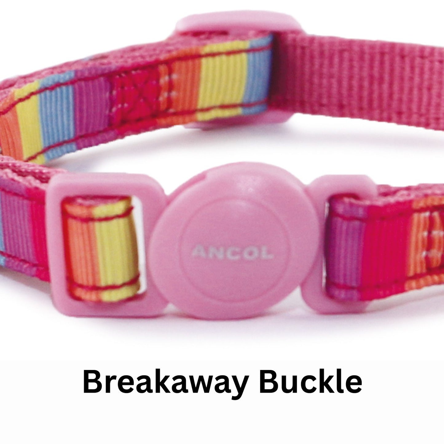 Pink cat collar with colorful pattern and breakaway buckle on a white background