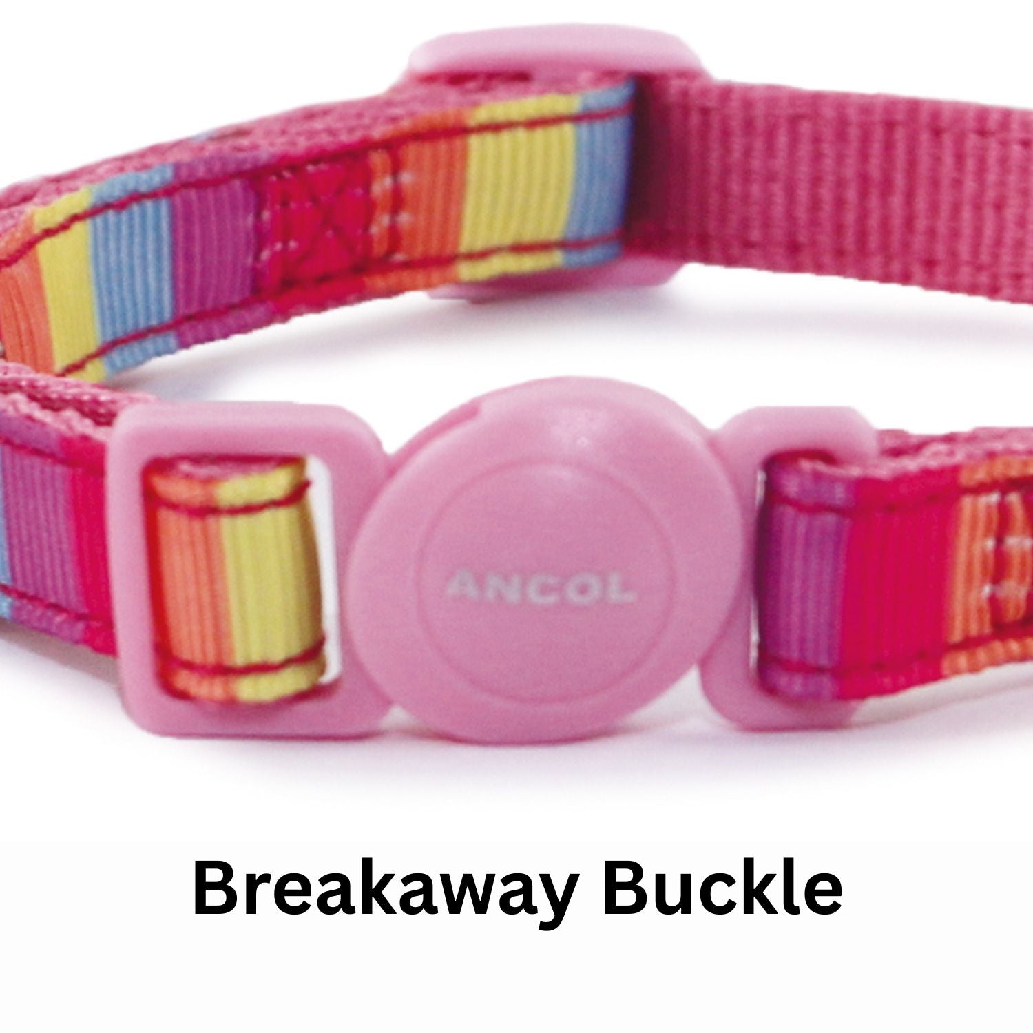 Pink cat collar with colorful pattern and breakaway buckle on a white background