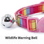 Colorful striped cat collar with a wildlife warning bell on a white background