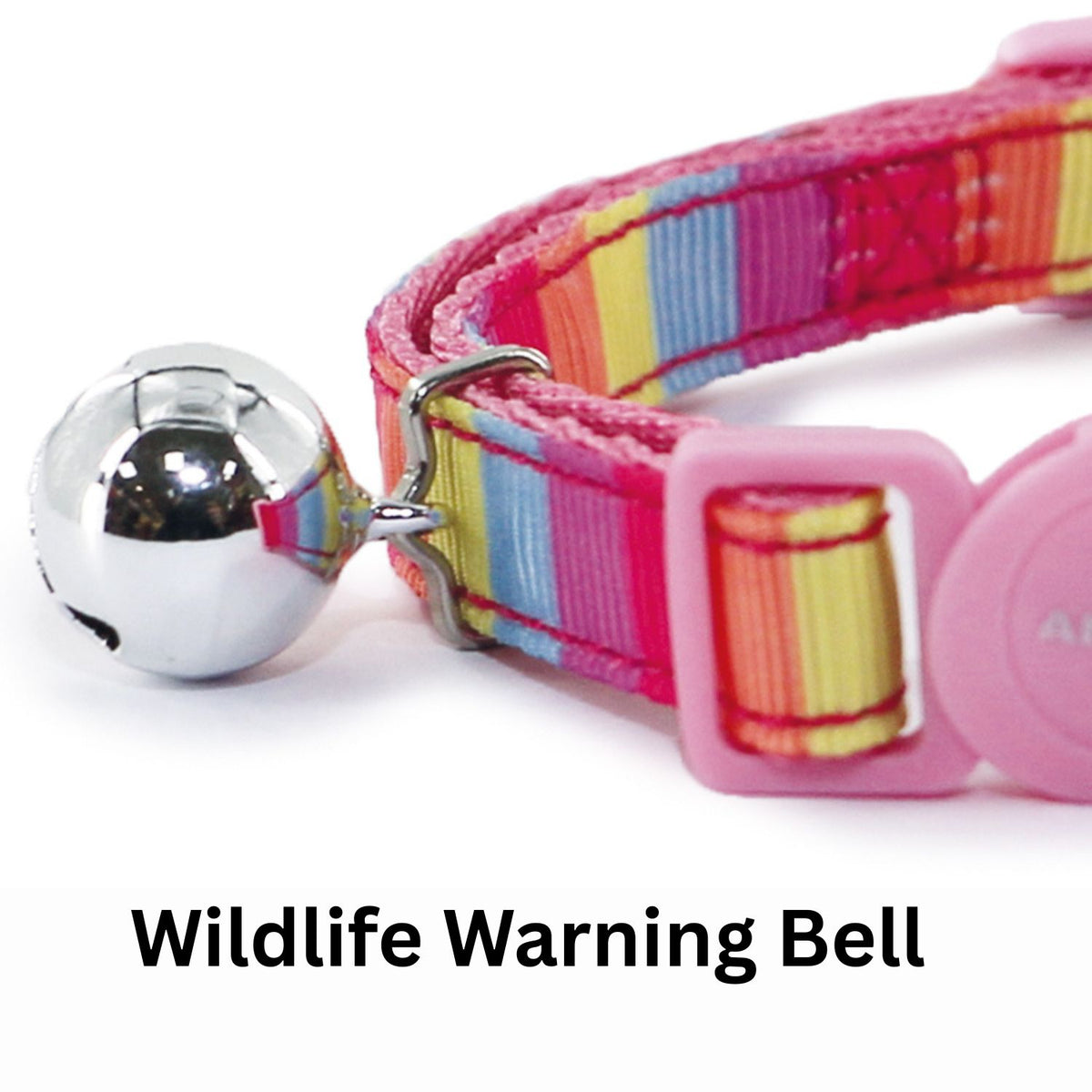 Colorful striped cat collar with a wildlife warning bell on a white background