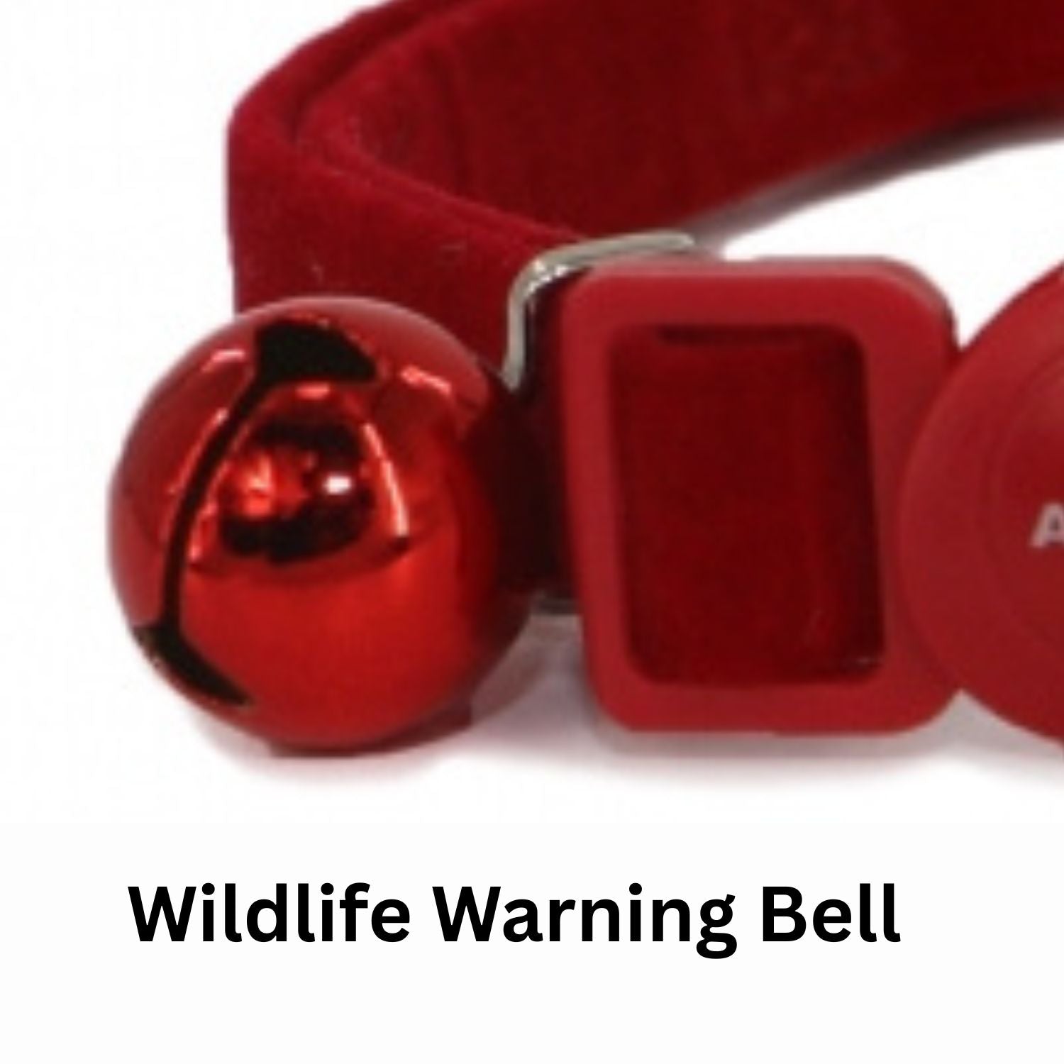 Red cat collar with a bell labeled 'Wildlife Warning Bell' on a white background