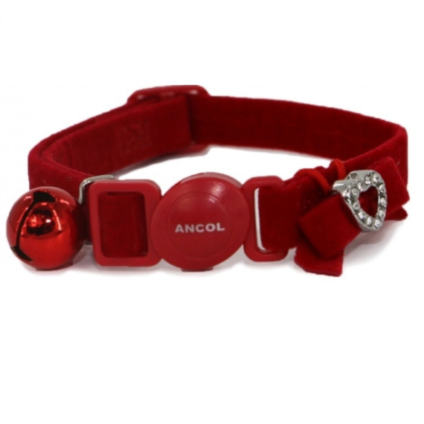 Red cat collar with bell, bow, and rhinestone heart charm on a white background