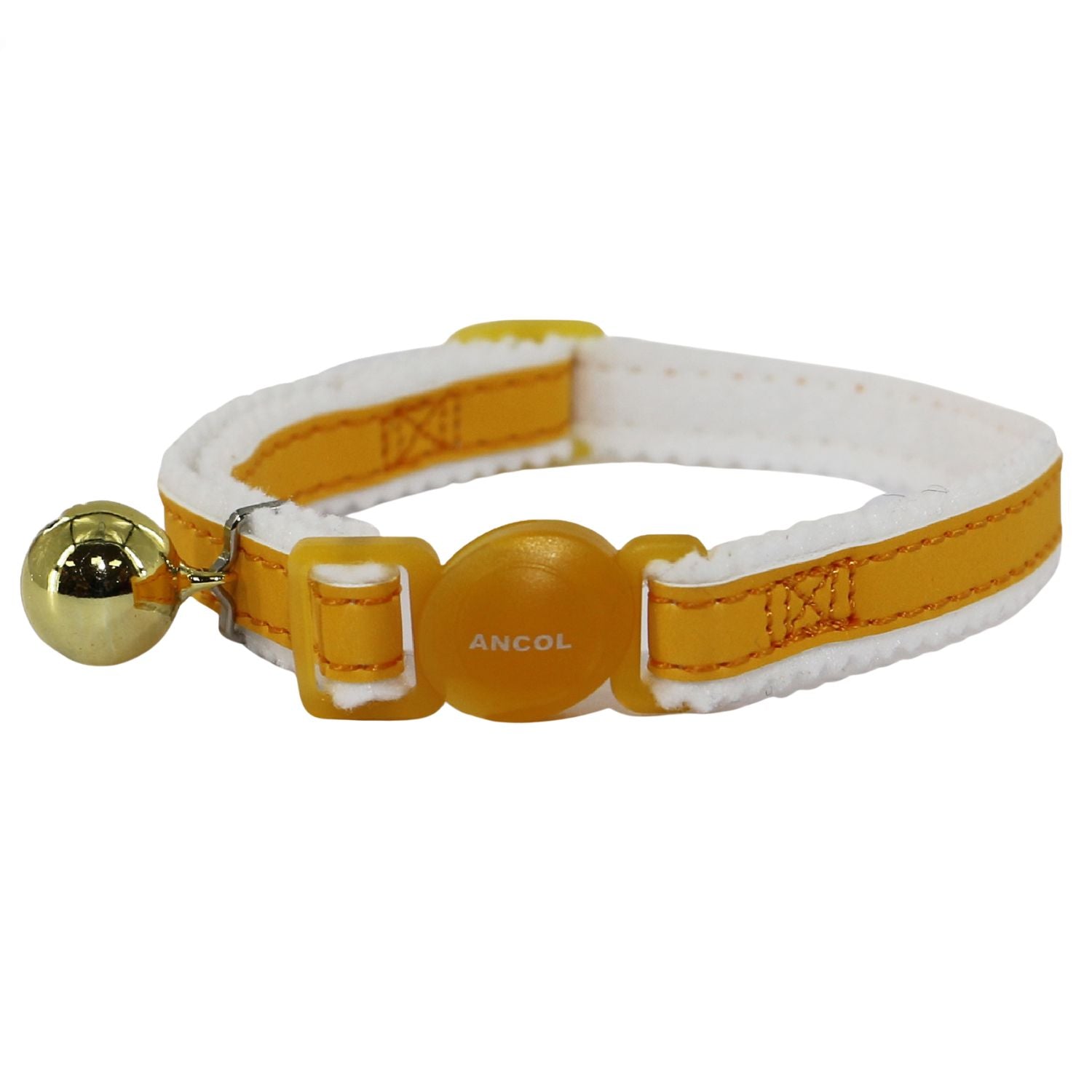 Yellow and white cat collar with a gold bell on a white background