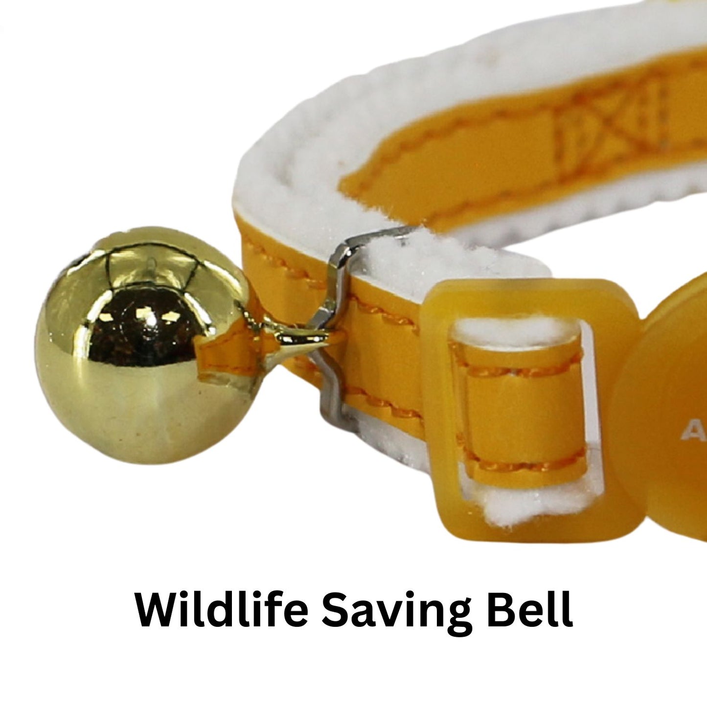 Yellow cat collar with a gold bell on a white background