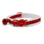 Red and white cat collar with a bell on a white background