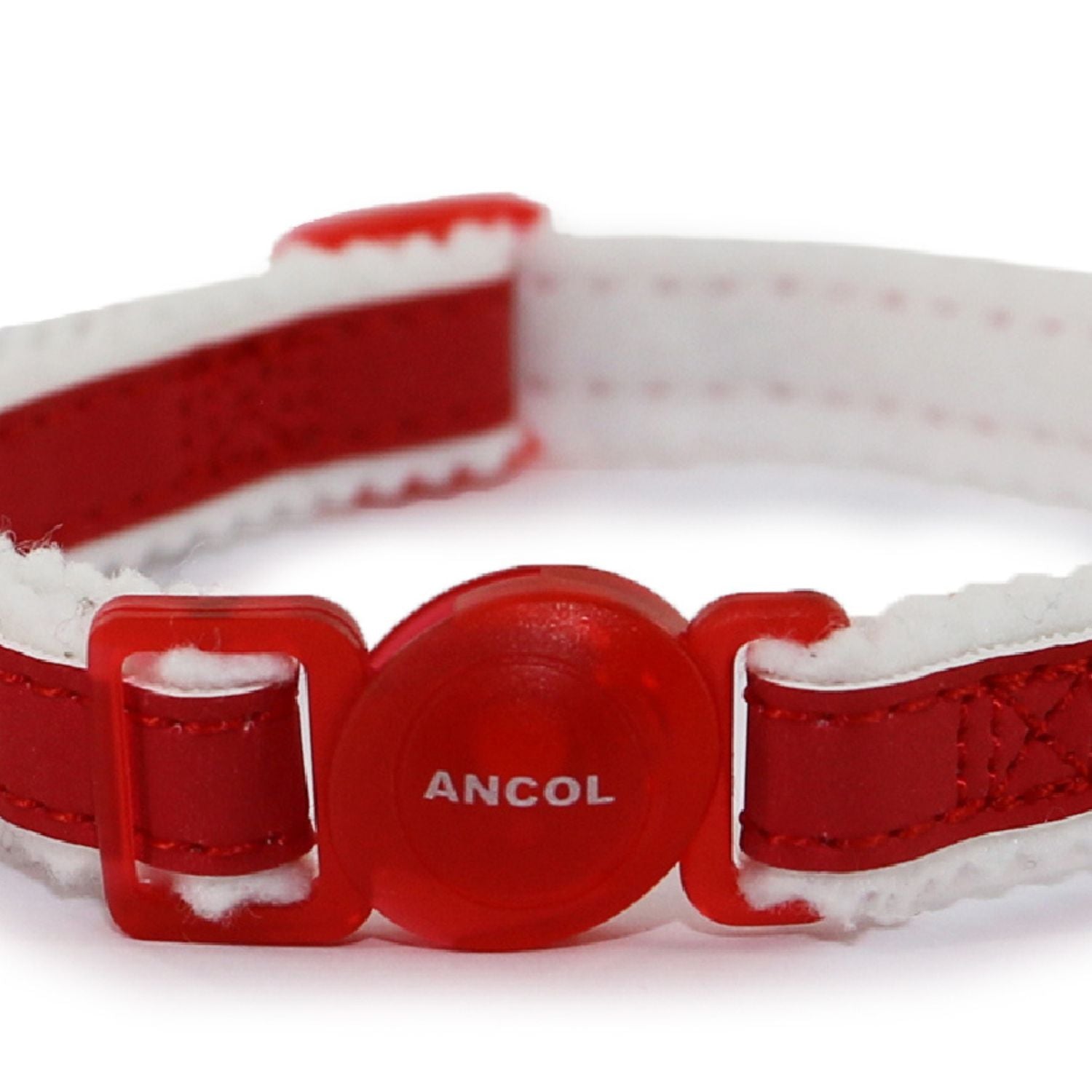 Red cat collar with white padding and 'Ancol' branding on a white background