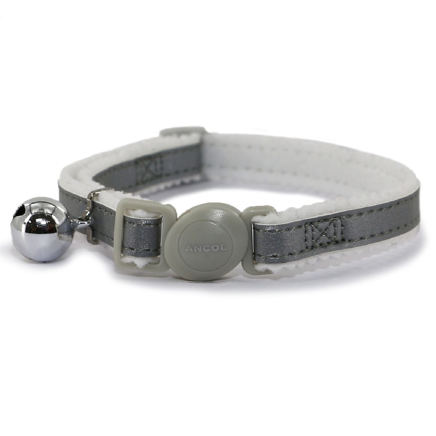 Gray cat collar with a silver bell on a white background