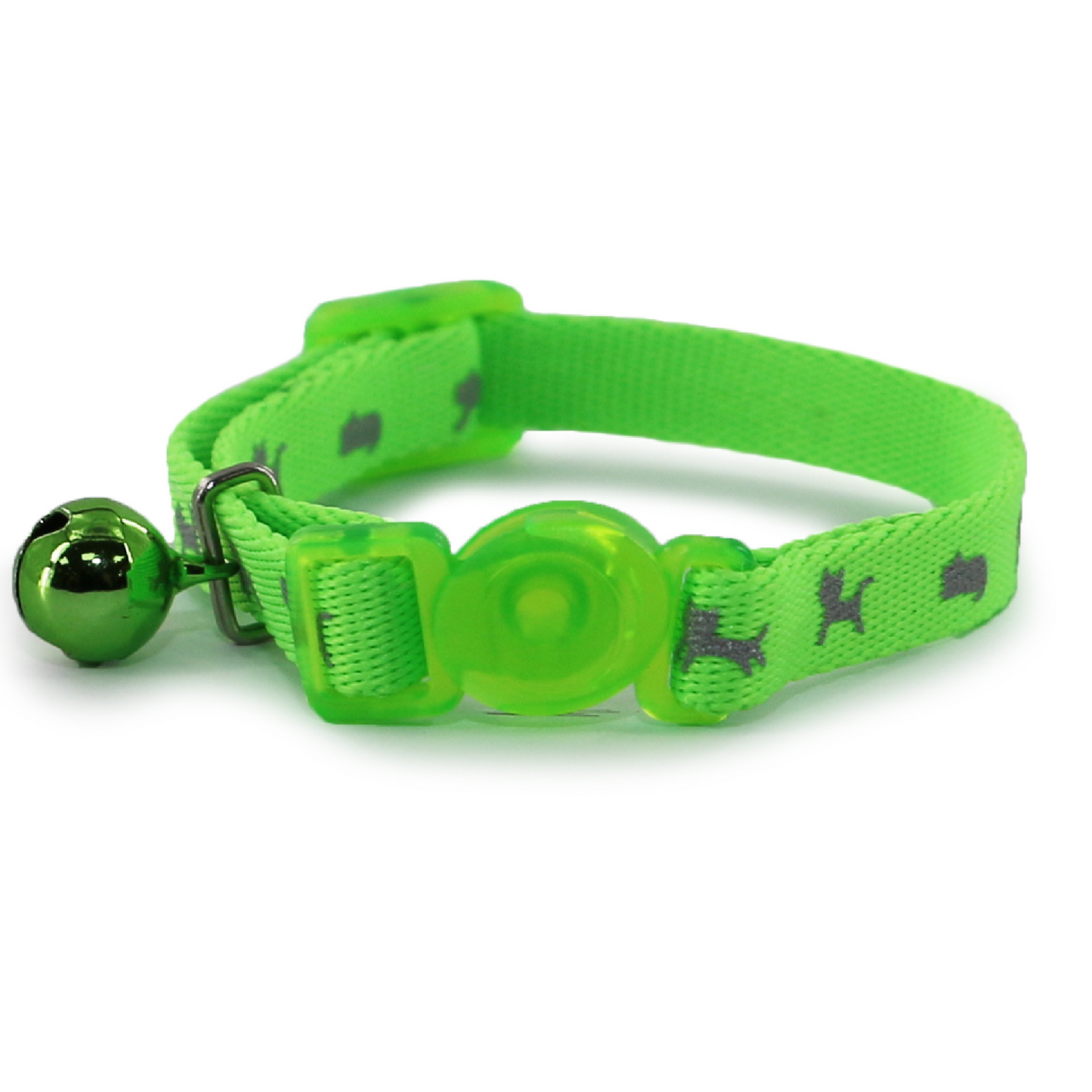 Green cat collar with bell and paw print design on a white background