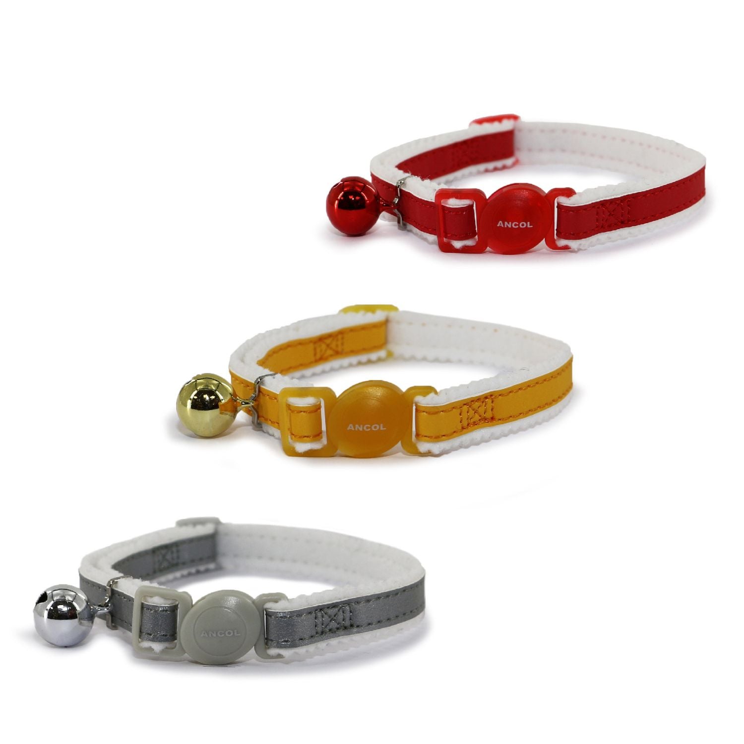 Three cat collars in red, yellow, and gray on a white background